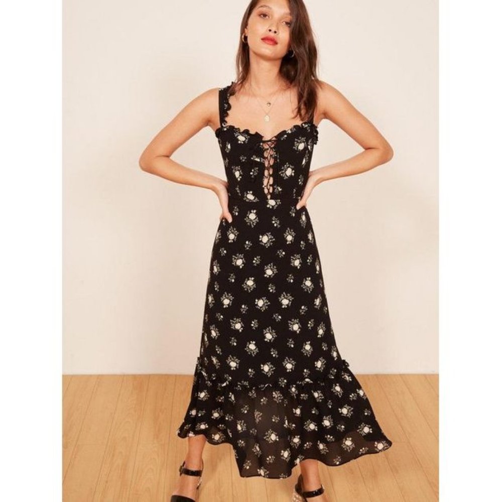 Reformation Black Floral Midi Dress